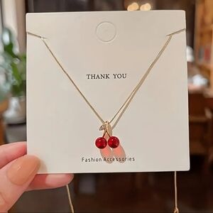 New! Cherry Pendant Necklace with Delicate Leaf - Trendy & Chic